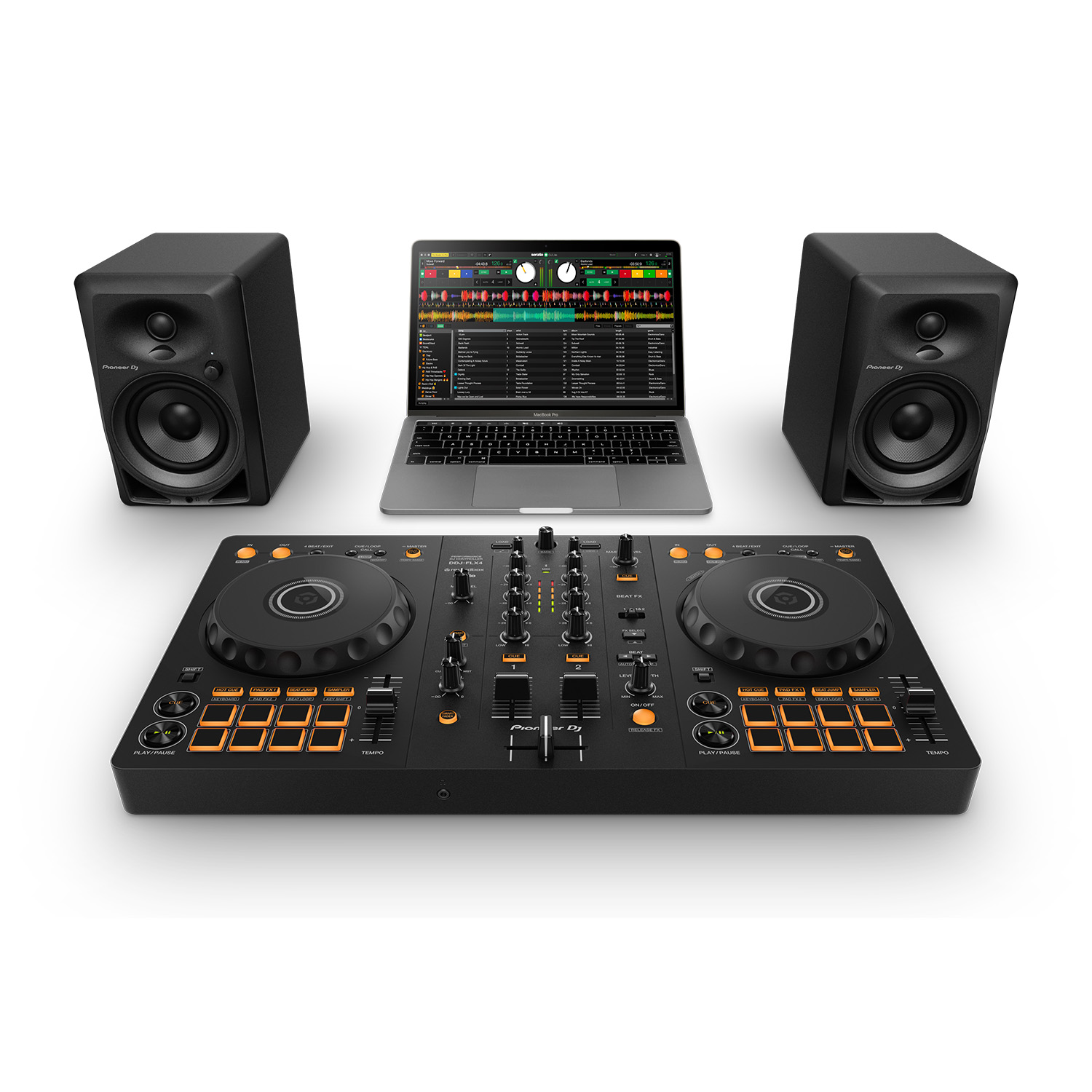 Комплект для домашнего диджеинга: DDJ-FLX4, ноутбук и мониторы. Фото Pioneer DJ.